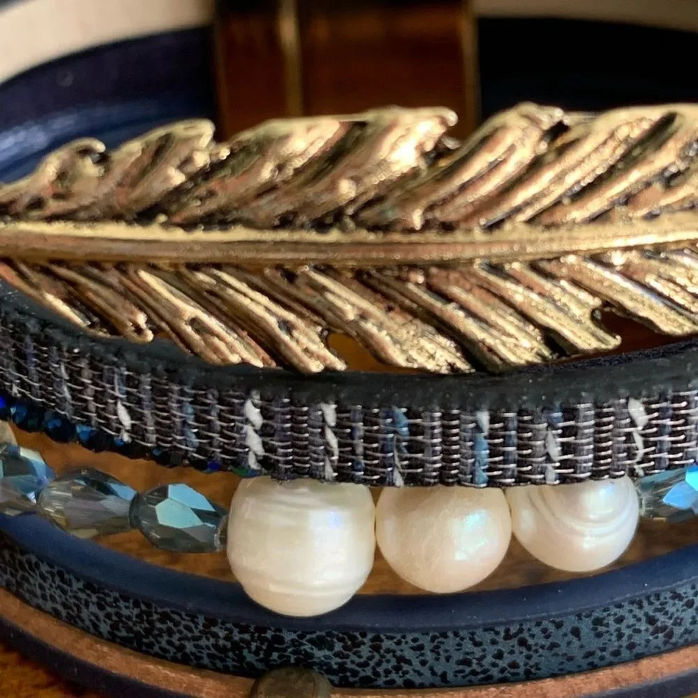 Men’s Seascape Nautical Navy PU Boho Cuff Bracelet, Genuine Pearls